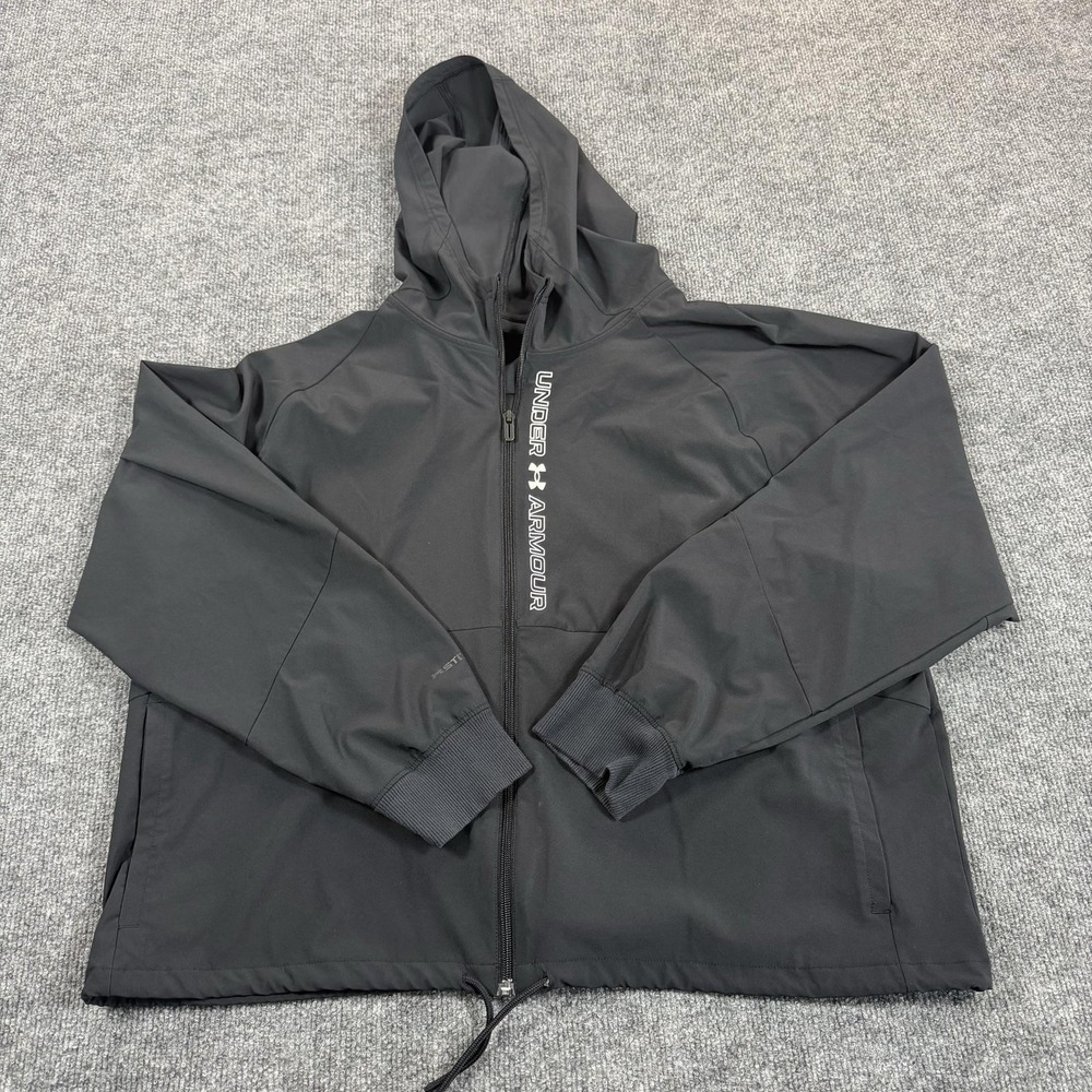 Under Armour Jacket Mens XL Black Hooded Full Zip Softshell Windbreaker Athletic